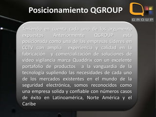 Posicionamiento QGROUP
Teniendo en cuenta cada uno de los argumento
expuestos
Anteriormente
QGROUP
esta
posicionada como una de las empresas Lideres en
CCTV con amplia experiencia y calidad en la
fabricación y comercialización de soluciones de
video vigilancia marca Quaddrix con un excelente
portafolio de productos a la vanguardia de la
tecnología supliendo las necesidades de cada uno
de los mercados existentes en el mundo de la
seguridad electrónica, somos reconocidos como
una empresa solida y confiable con números casos
de éxito en Latinoamérica, Norte América y el
Caribe

 