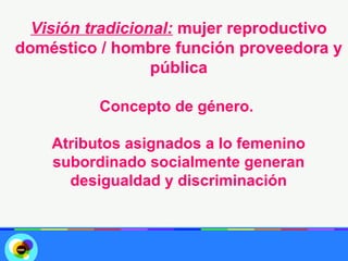 Visión tradicional: mujer reproductivo
doméstico / hombre función proveedora y
                  pública

          Concepto de género.

    Atributos asignados a lo femenino
    subordinado socialmente generan
      desigualdad y discriminación
 