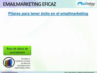 Seminario Emailmarketing Autor: Noé Soriano - linkedin.com/in/noesoriano
EMAILMARKETINGEFICAZ
Pilares para tener éxito en el emailmarketing
Base de datos de
suscriptores
Conseguir y
mantener una base
de datos de
suscriptores bien
segmentada y eficaz
 