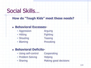 114
Social Skills…
How do “Tough Kids” meet these needs?
 Behavioral Excesses-
 Aggression Arguing
 Hitting Fighting
 Shouting Teasing
 Blaming Provoking
 Behavioral Deficits-
 Using self-control Cooperating
 Problem Solving Helping
 Sharing Making good decisions
 