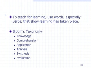 138
To teach for learning, use words, especially
verbs, that show learning has taken place.
Bloom’s Taxonomy
 Knowledge
 Comprehension
 Application
 Analysis
 Synthesis
 evaluation
 