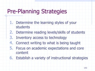 143
Pre-Planning Strategies
1. Determine the learning styles of your
students
2. Determine reading levels/skills of students
3. Inventory access to technology
4. Connect writing to what is being taught
5. Focus on academic expectations and core
content
6. Establish a variety of instructional strategies
 