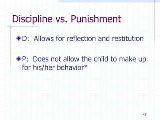 45
Discipline vs. Punishment
D: Allows for reflection and restitution
P: Does not allow the child to make up
for his/her behavior*
 