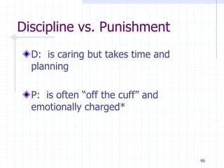 46
Discipline vs. Punishment
D: is caring but takes time and
planning
P: is often “off the cuff” and
emotionally charged*
 