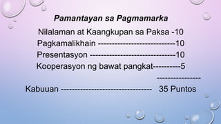 Pamantayan sa Pagmamarka
Nilalaman at Kaangkupan sa Paksa -10
Pagkamalikhain ----------------------------10
Presentasyon -------------------------------10
Kooperasyon ng bawat pangkat----------5
----------------
Kabuuan --------------------------------- 35 Puntos
 