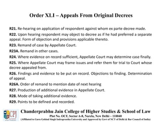 Order XLI – Appeals From Original Decrees
R21. Re-hearing on application of respondent against whom ex parte decree made.
R22. Upon hearing respondent may object to decree as if he had preferred a separate
appeal. Form of objection and provisions applicable thereto.
R23. Remand of case by Appellate Court.
R23A. Remand in other cases.
R24. Where evidence on record sufficient, Appellate Court may determine case finally.
R25. Where Appellate Court may frame issues and refer them for trial to Court whose
decree appealed from.
R26. Findings and evidence to be put on record. Objections to finding. Determination
of appeal.
R26A. Order of remand to mention date of next hearing
R27. Production of additional evidence in Appellate Court.
R28. Mode of taking additional evidence.
R29. Points to be defined and recorded.
Chanderprabhu Jain College of Higher Studies & School of Law
Plot No. OCF, Sector A-8, Narela, New Delhi – 110040
(Affiliated to Guru Gobind Singh Indraprastha University and Approved by Govt of NCT of Delhi & Bar Council of India)
 