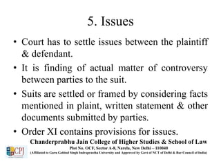 5. Issues
• Court has to settle issues between the plaintiff
& defendant.
• It is finding of actual matter of controversy
between parties to the suit.
• Suits are settled or framed by considering facts
mentioned in plaint, written statement & other
documents submitted by parties.
• Order XI contains provisions for issues.
Chanderprabhu Jain College of Higher Studies & School of Law
Plot No. OCF, Sector A-8, Narela, New Delhi – 110040
(Affiliated to Guru Gobind Singh Indraprastha University and Approved by Govt of NCT of Delhi & Bar Council of India)
 