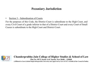 Pecuniary Jurisdiction
• Section 3 – Subordination of Courts
For the purposes of this Code, the District Court is subordinate to the High Court, and
every Civil Court of a grade inferior to that of a District Court and every Court of Small
Causes is subordinate to the High Court and District Court.
Chanderprabhu Jain College of Higher Studies & School of Law
Plot No. OCF, Sector A-8, Narela, New Delhi – 110040
(Affiliated to Guru Gobind Singh Indraprastha University and Approved by Govt of NCT of Delhi & Bar Council of India)
 