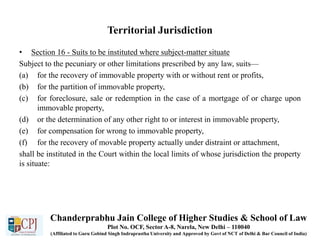 Territorial Jurisdiction
• Section 16 - Suits to be instituted where subject-matter situate
Subject to the pecuniary or other limitations prescribed by any law, suits—
(a) for the recovery of immovable property with or without rent or profits,
(b) for the partition of immovable property,
(c) for foreclosure, sale or redemption in the case of a mortgage of or charge upon
immovable property,
(d) or the determination of any other right to or interest in immovable property,
(e) for compensation for wrong to immovable property,
(f) for the recovery of movable property actually under distraint or attachment,
shall be instituted in the Court within the local limits of whose jurisdiction the property
is situate:
Chanderprabhu Jain College of Higher Studies & School of Law
Plot No. OCF, Sector A-8, Narela, New Delhi – 110040
(Affiliated to Guru Gobind Singh Indraprastha University and Approved by Govt of NCT of Delhi & Bar Council of India)
 