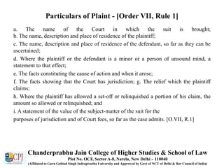 Particulars of Plaint - [Order VII, Rule 1]
a. The name of the Court in which the suit is brought;
b. The name, description and place of residence of the plaintiff;
c. The name, description and place of residence of the defendant, so far as they can be
ascertained;
d. Where the plaintiff or the defendant is a minor or a person of unsound mind, a
statement to that effect;
e. The facts constituting the cause of action and when it arose;
f. The facts showing that the Court has jurisdiction; g. The relief which the plaintiff
claims;
h. Where the plaintiff has allowed a set-off or relinquished a portion of his claim, the
amount so allowed or relinquished; and
i. A statement of the value of the subject-matter of the suit for the
purposes of jurisdiction and of Court fees, so far as the case admits. [O.VII, R.1]
Chanderprabhu Jain College of Higher Studies & School of Law
Plot No. OCF, Sector A-8, Narela, New Delhi – 110040
(Affiliated to Guru Gobind Singh Indraprastha University and Approved by Govt of NCT of Delhi & Bar Council of India)
 