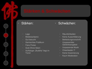 Stärken & Schwächen

• Stärken:                          • Schwächen:


  •   Lage                            •   Räumlichkeiten
  •   Medienpräsenz                   •   Keine Ausschilderung
  •   Gut besucht                     •   Bekleidungsvorschrift
  •   Gemischtes Publikum             •   Unpassendes
  •   Faire Preise                        Getränkeangebot
  •   Gute Show Ideen                 •   Unpassende Musik
  •   Aufhänger „Buddha“ liegt im     •   Cheerleader !?
      Trend                           •   Keine Inszenierung
                                      •   Kaum Moderation
 