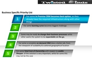 12345Business Specific Priority ListFor some in Premise CRM becomes best option, as they already have the required infrastructure along with other thingsFor some learning curve becomes biggest challenge.Some may be ready to change their business processes while  other wants the system to be expandable on the go.For some a complete on demand CRM does a better job, from the viewpoint of scalability & scattered geographical locationFor some Total Cost of Ownership with respect to usable lifespan  of the solution is very important, while for some this may not be the case
