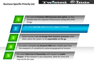Business Specific Priority List21For some in Premise CRM becomes best option, as they already have the required infrastructure along with other thingsFor some learning curve becomes biggest challenge.3Some may be ready to change their business processes while  other wants the system to be expandable on the go.4For some a complete on demand CRM does a better job, from the viewpoint of scalability & scattered geographical locationFor some Total Cost of Ownership with respect to usable lifespan  of the solution is very important, while for some this may not be the case5