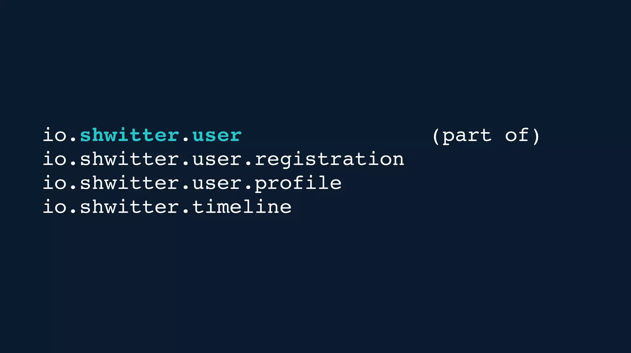 io.shwitter.user (part of)
io.shwitter.user.registration
io.shwitter.user.profile
io.shwitter.timeline
 
 