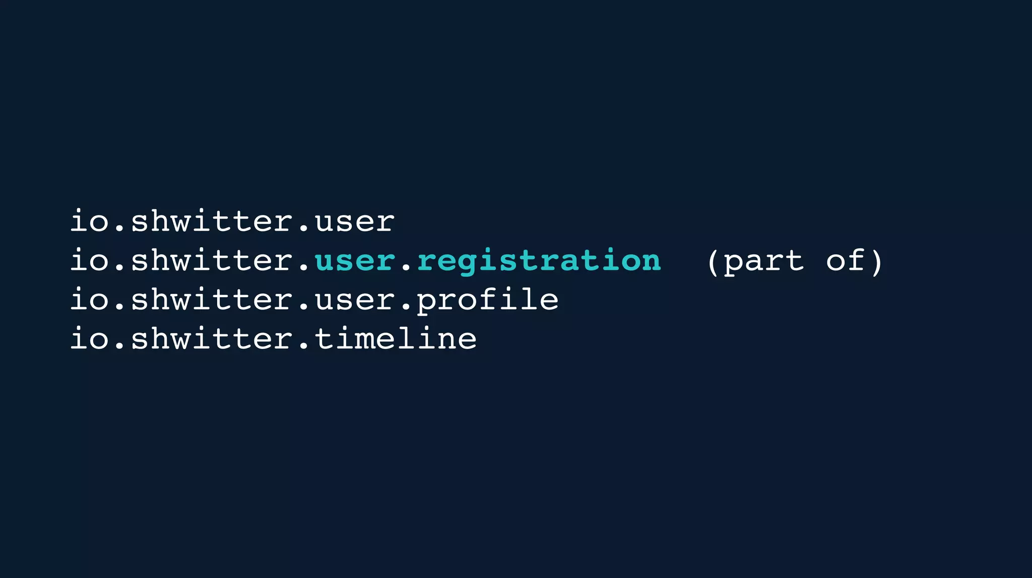 io.shwitter.user
io.shwitter.user.registration (part of)
io.shwitter.user.profile
io.shwitter.timeline
 
 