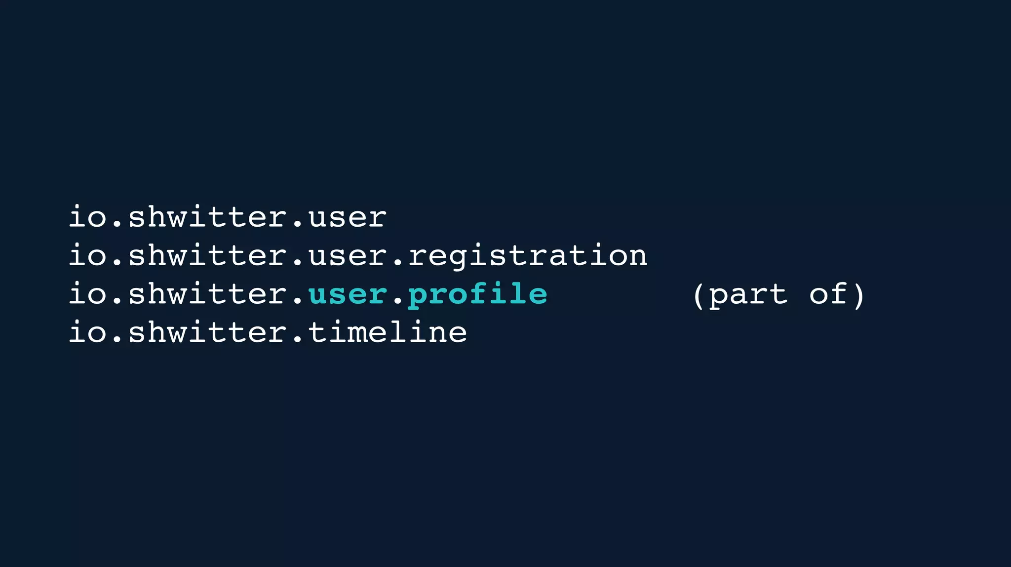 io.shwitter.user
io.shwitter.user.registration
io.shwitter.user.profile (part of)
io.shwitter.timeline
 
 