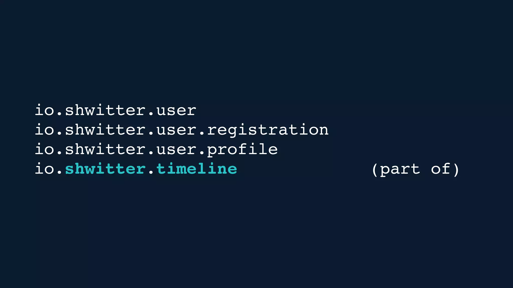 io.shwitter.user
io.shwitter.user.registration
io.shwitter.user.profile
io.shwitter.timeline (part of)
 
 