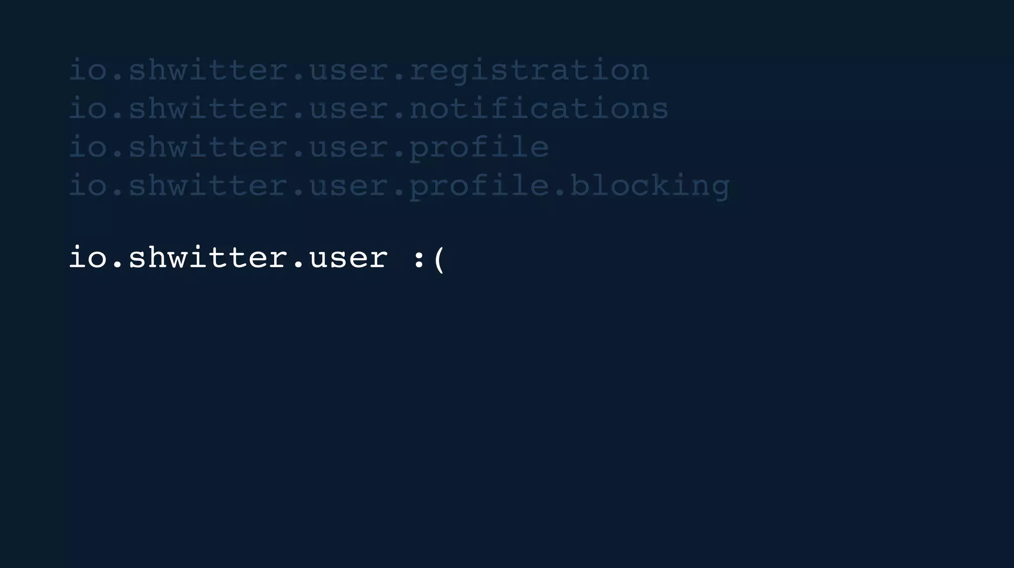 io.shwitter.user.registration
io.shwitter.user.notifications
io.shwitter.user.profile
io.shwitter.user.profile.blocking
io.shwitter.user :(
 
 