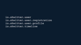 io.shwitter.user
io.shwitter.user.registration
io.shwitter.user.profile
io.shwitter.timeline
 
 