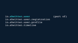 io.shwitter.user (part of)
io.shwitter.user.registration
io.shwitter.user.profile
io.shwitter.timeline
 
 