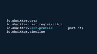 io.shwitter.user
io.shwitter.user.registration
io.shwitter.user.profile (part of)
io.shwitter.timeline
 
 
