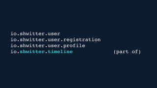 io.shwitter.user
io.shwitter.user.registration
io.shwitter.user.profile
io.shwitter.timeline (part of)
 
 