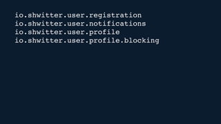 io.shwitter.user.registration
io.shwitter.user.notifications
io.shwitter.user.profile
io.shwitter.user.profile.blocking
 