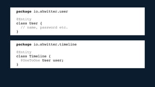 package io.shwitter.user
@Entity
class User {
// name, password etc.
}
package io.shwitter.timeline
@Entity
class Timeline {
@OneToOne User user;
}
 
