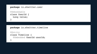 package io.shwitter.user
@Embeddable
class UserId {
Long value;
}
package io.shwitter.timeline
@Entity
class Timeline {
@Embedded UserId userId;
}
 