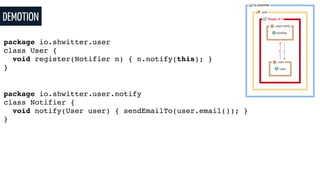 DEMOTION
package io.shwitter.user
class User {
void register(Notifier n) { n.notify(this); }
}
package io.shwitter.user.notify
class Notifier {
void notify(User user) { sendEmailTo(user.email()); }
}
 