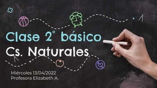 Clase 2° básico
Cs. Naturales
Miércoles 13/04/2022
Profesora Elizabeth A.
 