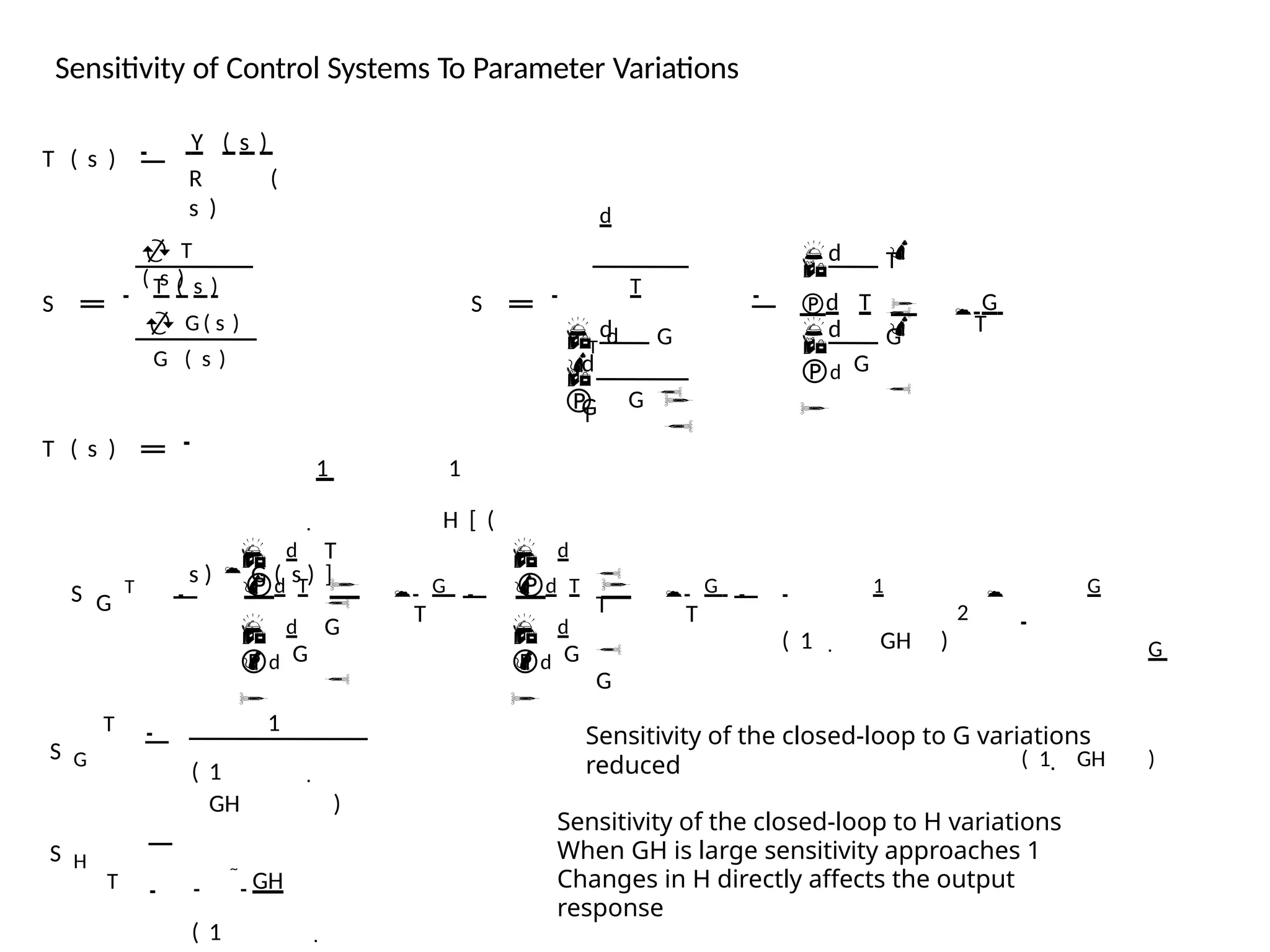 Sensitivity of Control Systems To Parameter Variations
T ( s )
Y ( s )
R (
s )
S
 T
( s )
T ( s )
 G ( s )
G ( s )
S
d
T d
T
T
d
G

d
G




G



d



T

d T  
G
G
d



G

d

T
T ( s )
1 1
 H [ (
s )  G ( s ) ]
S G

 d

T

G

 d

G

d

T

 d
 
T
G

 d
 
G
d

T
( 1  GH )
2
G
( 1  GH )
T d T  
G d T  
G 1

G
S G
T 1
( 1 
GH )
T  GH
( 1 
Sensitivity of the closed-loop to G variations
reduced
Sensitivity of the closed-loop to H variations
When GH is large sensitivity approaches 1
Changes in H directly affects the output
response
S H
 