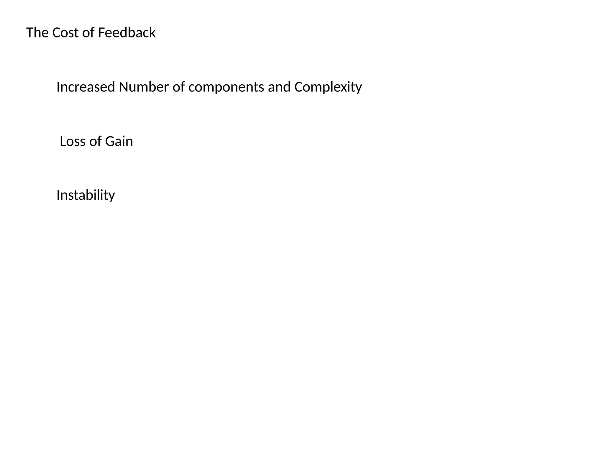 The Cost of Feedback
Increased Number of components and Complexity
Loss of Gain
Instability
 