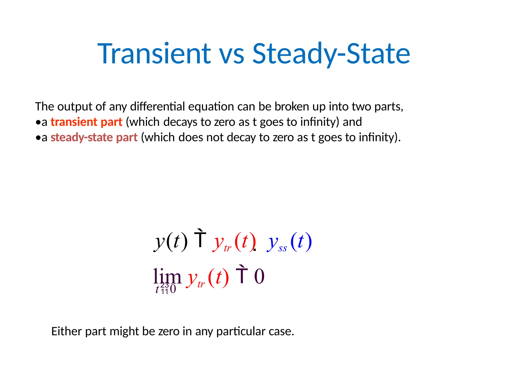 Transient vs Steady-State
The output of any differential equation can be broken up into two parts,
•a transient part (which decays to zero as t goes to infinity) and
•a steady-state part (which does not decay to zero as t goes to infinity).
t0
y(t)  ytr (t)  yss (t)
lim ytr (t)  0
Either part might be zero in any particular case.
 