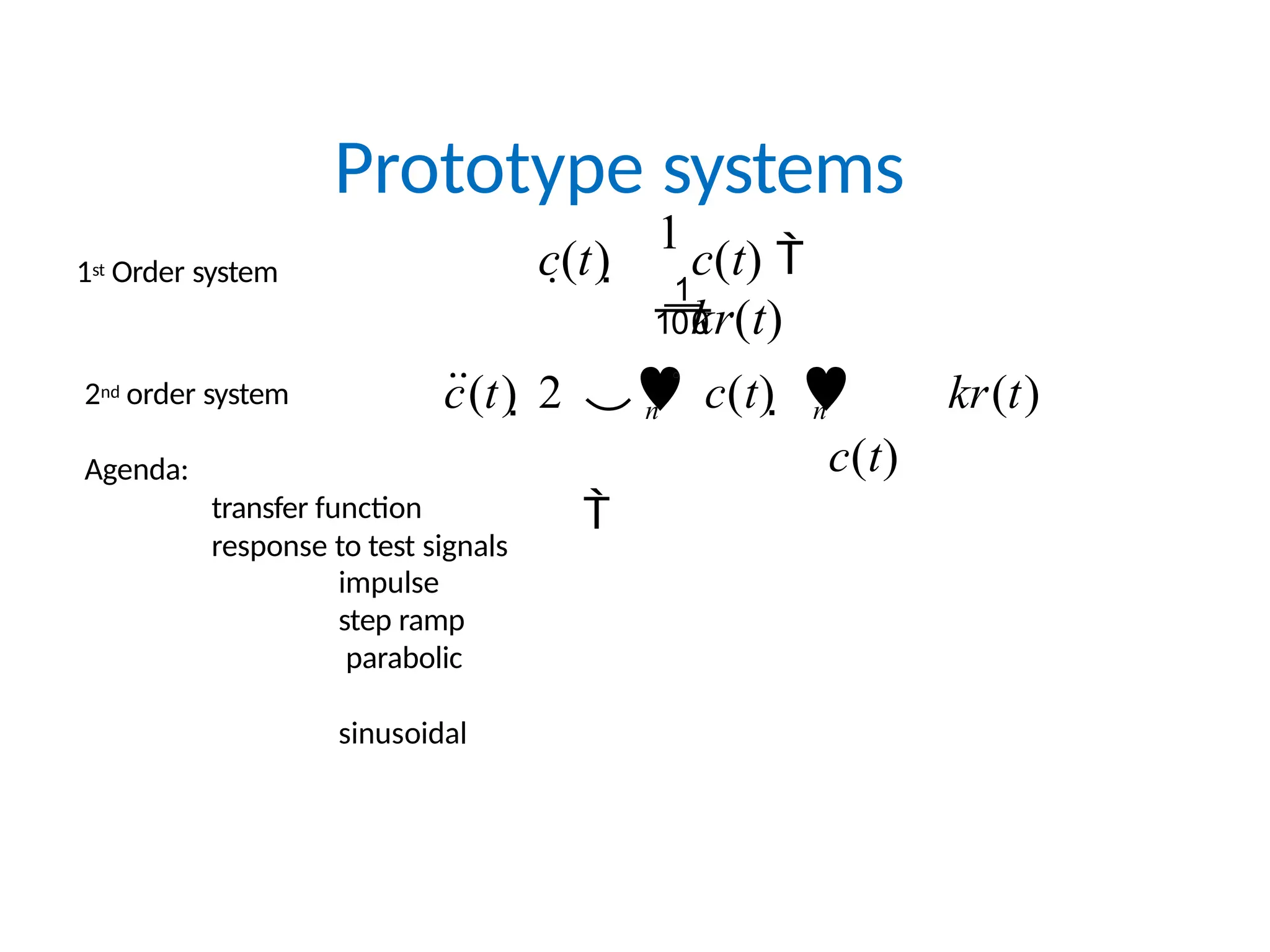 Prototype systems
1st Order system
2nd order system
Agenda:
transfer function
response to test signals
impulse
step ramp
parabolic
sinusoidal
c(t)  c(t) 
kr(t)
1

c(t)  2 2
 c(t)  
c(t)

kr(t)
n n
 