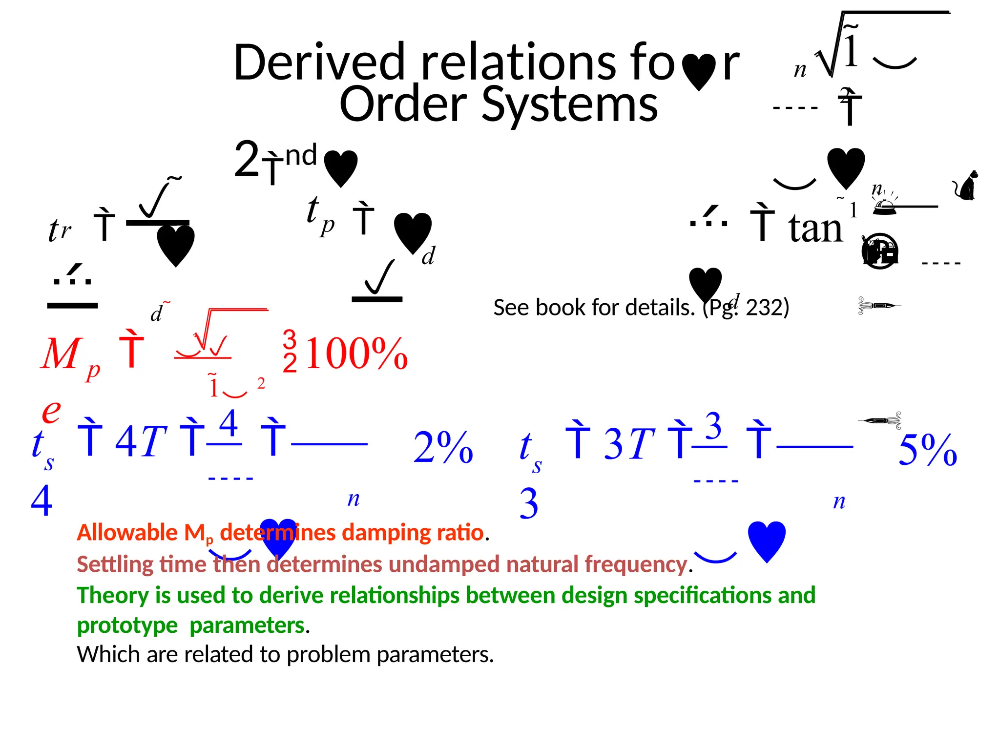Order Systems
r
t 
 


d
tp

d


100%
p
M 
e


1 2
t  4T  4

4
2%
s
n


t  3T  3

3
5%
s
n


Derived relations for
2
nd

1
2
d n
 
n
  tan
1 
d
 




See book for details. (Pg. 232)
Allowable Mp determines damping ratio.
Settling time then determines undamped natural frequency.
Theory is used to derive relationships between design specifications and
prototype parameters.
Which are related to problem parameters.
 