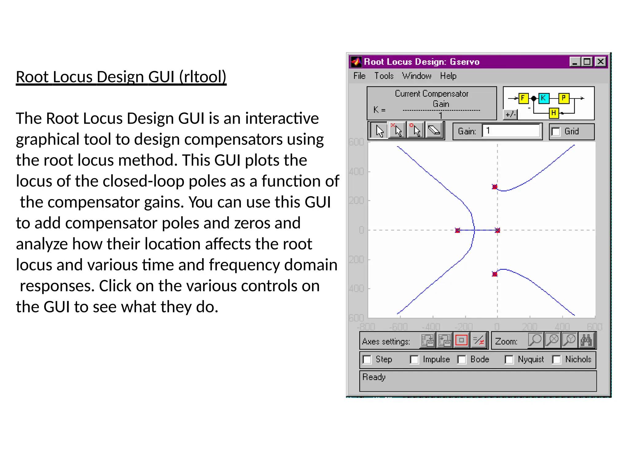 Root Locus Design GUI (rltool)
The Root Locus Design GUI is an interactive
graphical tool to design compensators using
the root locus method. This GUI plots the
locus of the closed-loop poles as a function of
the compensator gains. You can use this GUI
to add compensator poles and zeros and
analyze how their location affects the root
locus and various time and frequency domain
responses. Click on the various controls on
the GUI to see what they do.
 