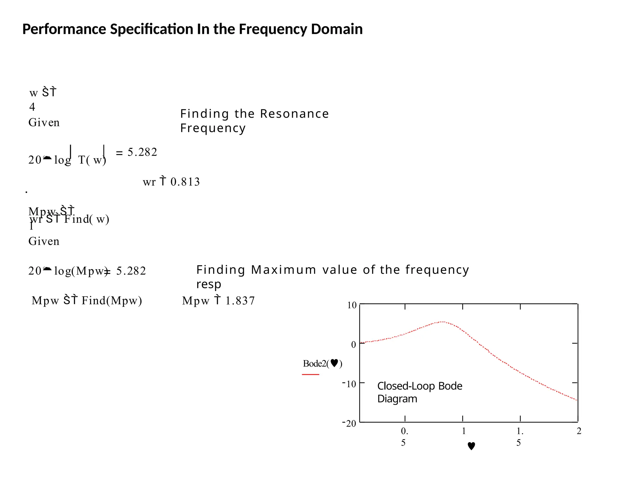 Performance Specification In the Frequency Domain
w 
4
Finding the Resonance
Frequency
Given
20log T( w)

wr  Find( w)
5.282
wr  0.813
Mpw 
1
Given
20log(Mpw) 5.282
Mpw  Find(Mpw)
Finding Maximum value of the frequency
resp
Mpw  1.837
0.
5
1 1.
5
2
20
10
0
Bode2()
10

Closed-Loop Bode
Diagram
 