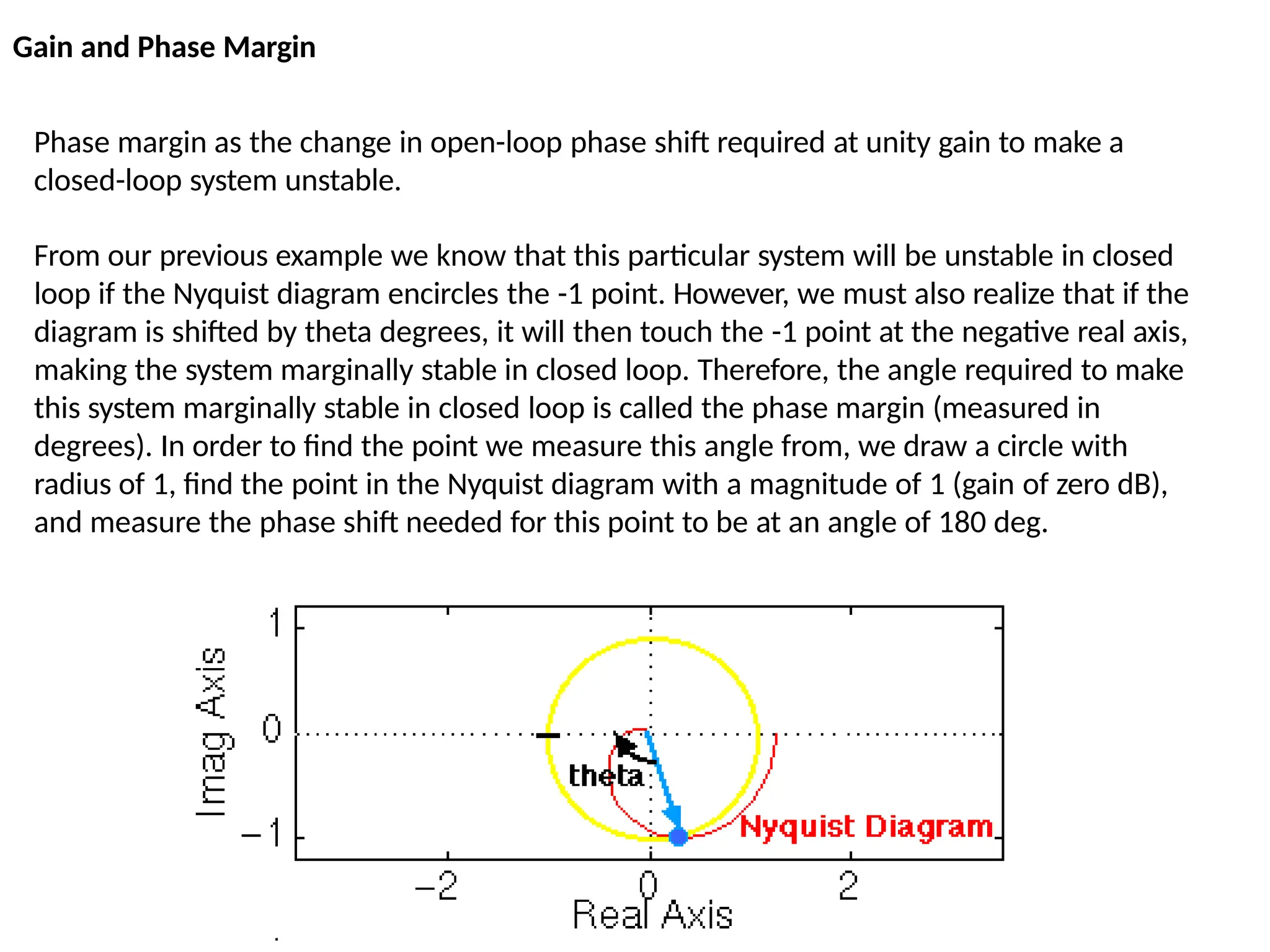 Phase margin as the change in open-loop phase shift required at unity gain to make a
closed-loop system unstable.
From our previous example we know that this particular system will be unstable in closed
loop if the Nyquist diagram encircles the -1 point. However, we must also realize that if the
diagram is shifted by theta degrees, it will then touch the -1 point at the negative real axis,
making the system marginally stable in closed loop. Therefore, the angle required to make
this system marginally stable in closed loop is called the phase margin (measured in
degrees). In order to find the point we measure this angle from, we draw a circle with
radius of 1, find the point in the Nyquist diagram with a magnitude of 1 (gain of zero dB),
and measure the phase shift needed for this point to be at an angle of 180 deg.
Gain and Phase Margin
 