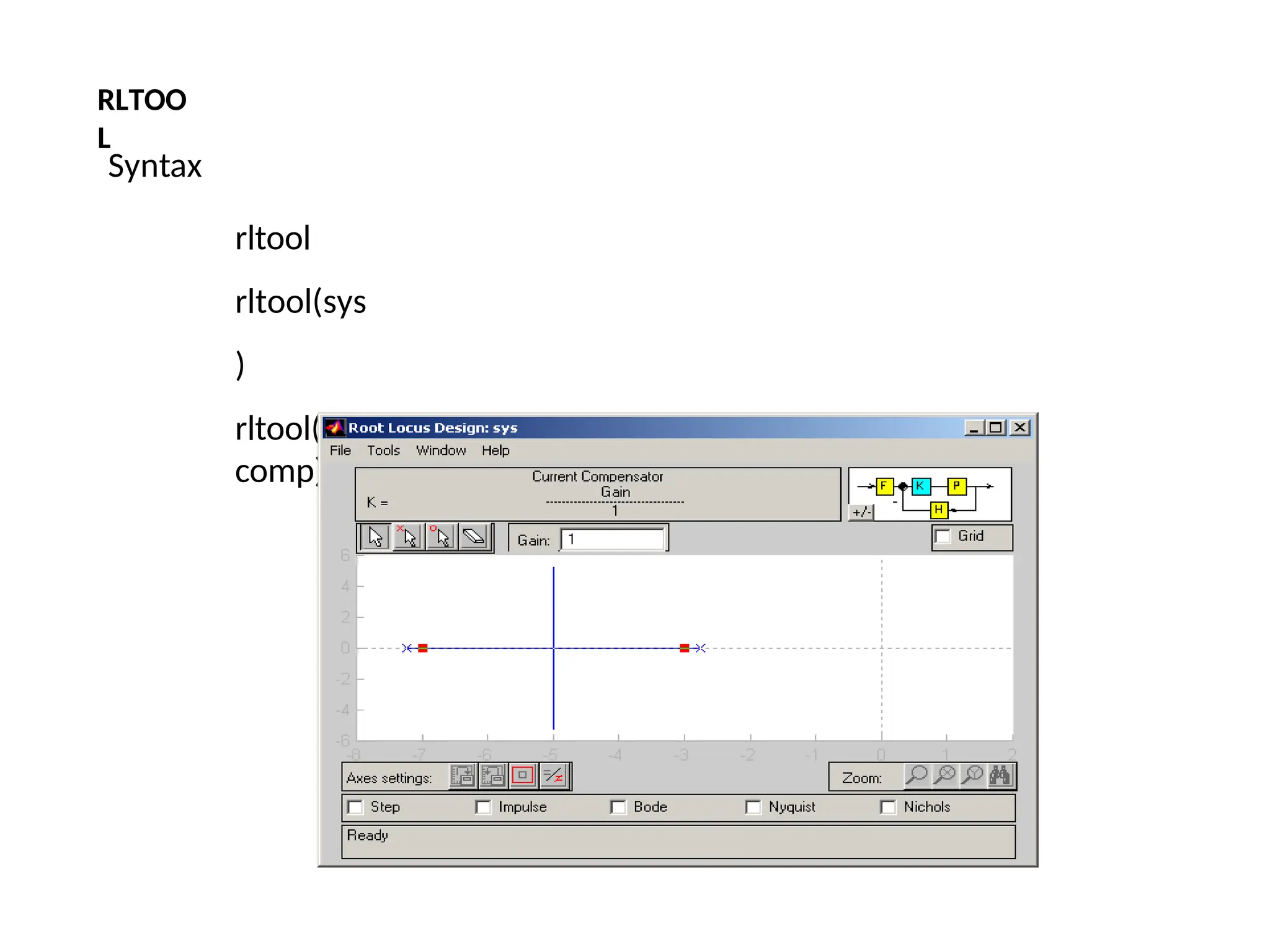 Syntax
rltool
rltool(sys
)
rltool(sys,
comp)
RLTOO
L
 