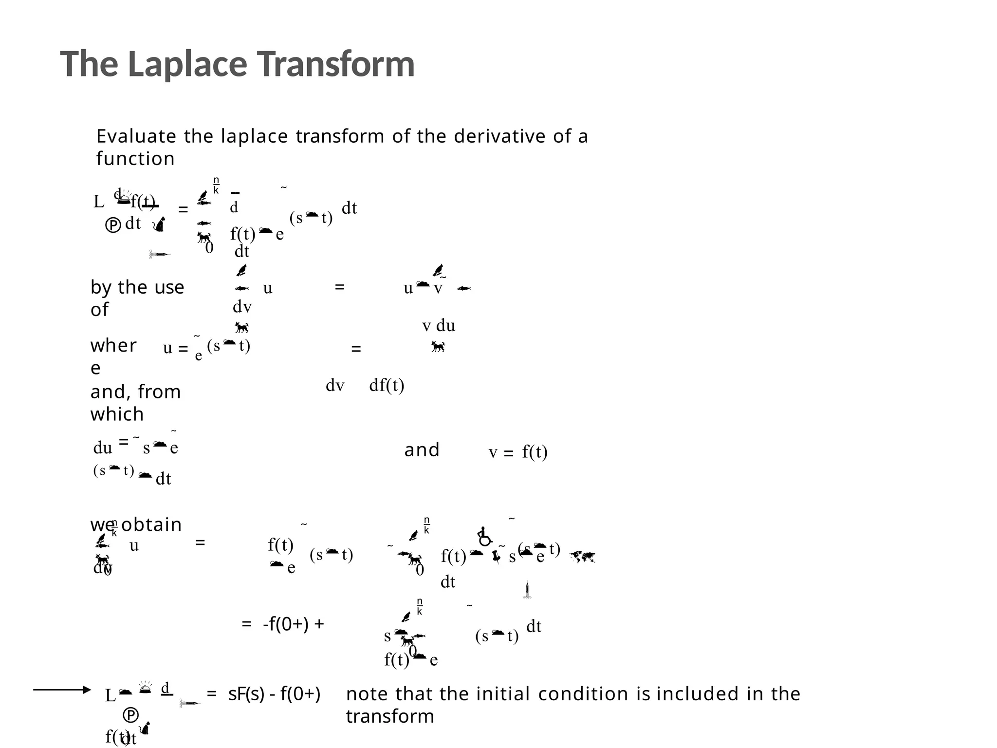 note that the initial condition is included in the
transform
= sF(s) - f(0+)

dt

L d
f(t) 
0


dt

(st)

s
f(t)e
= -f(0+) +
0
 
(st)



f(t)se 
dt



(st)
f(t)
e
=
0



 u
dv
du se

(st)
dt
we obtain
v f(t)
and
and, from
which

uv  
v du

dv df(t)
u e
 (st)
wher
e
=

 u
dv

by the use
of
L d
f(t)
dt


 0


dt

(st)
d
f(t)e
dt



Evaluate the laplace transform of the derivative of a
function
The Laplace Transform
 
