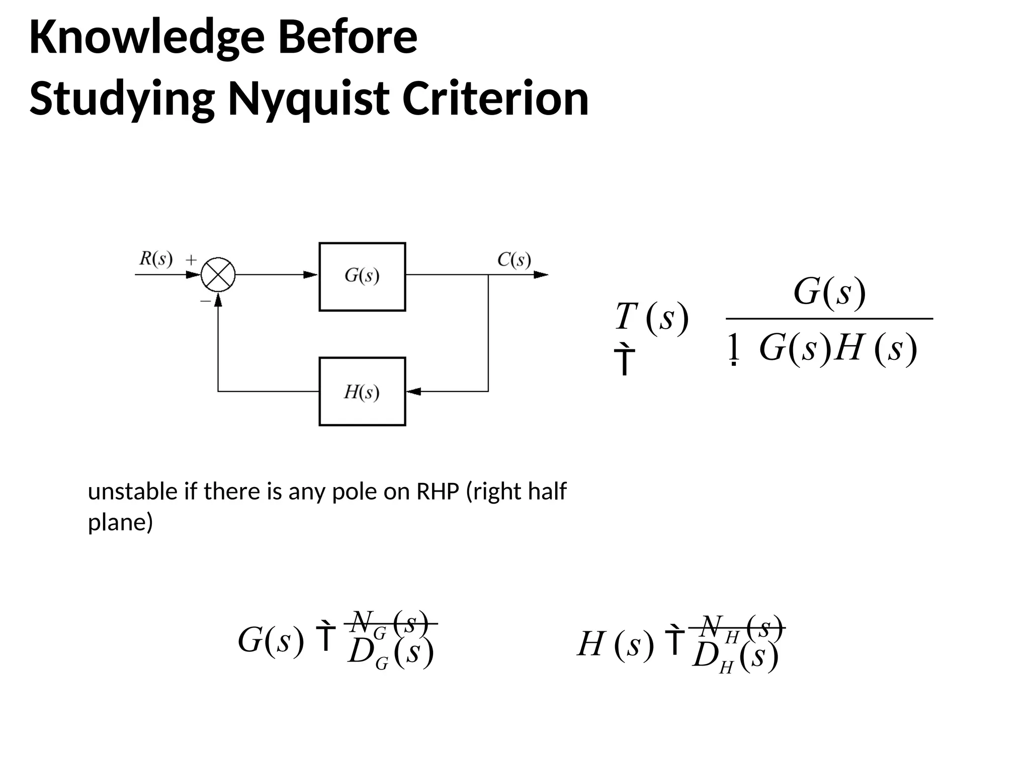 Knowledge Before
Studying Nyquist Criterion
1 G(s)H (s)
G(s)
T (s)

DG (s)
G(s) 
NG (s)
DH (s)
H (s) 
NH (s)
unstable if there is any pole on RHP (right half
plane)
 