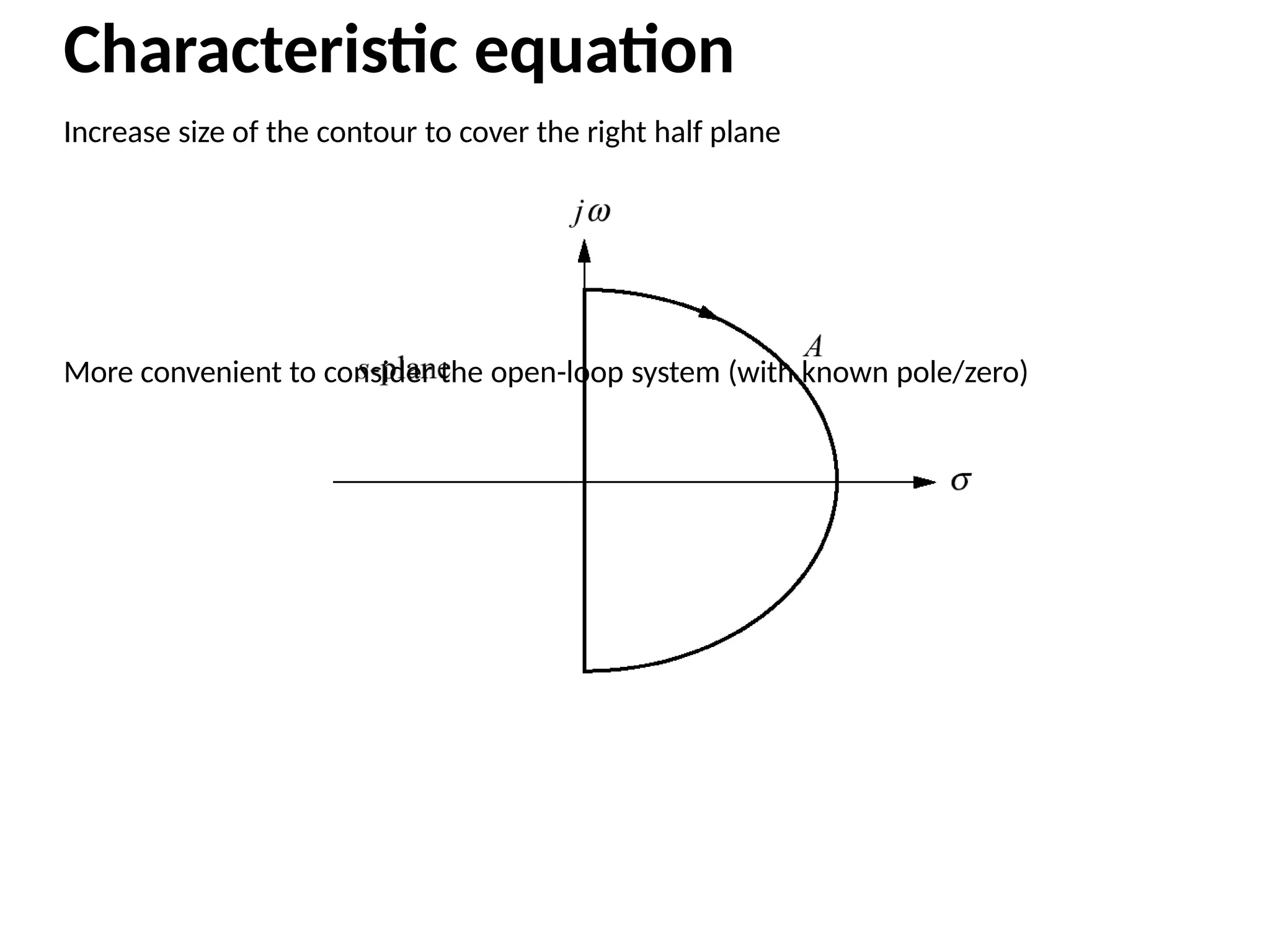 Characteristic equation
Increase size of the contour to cover the right half plane
More convenient to consider the open-loop system (with known pole/zero)
 