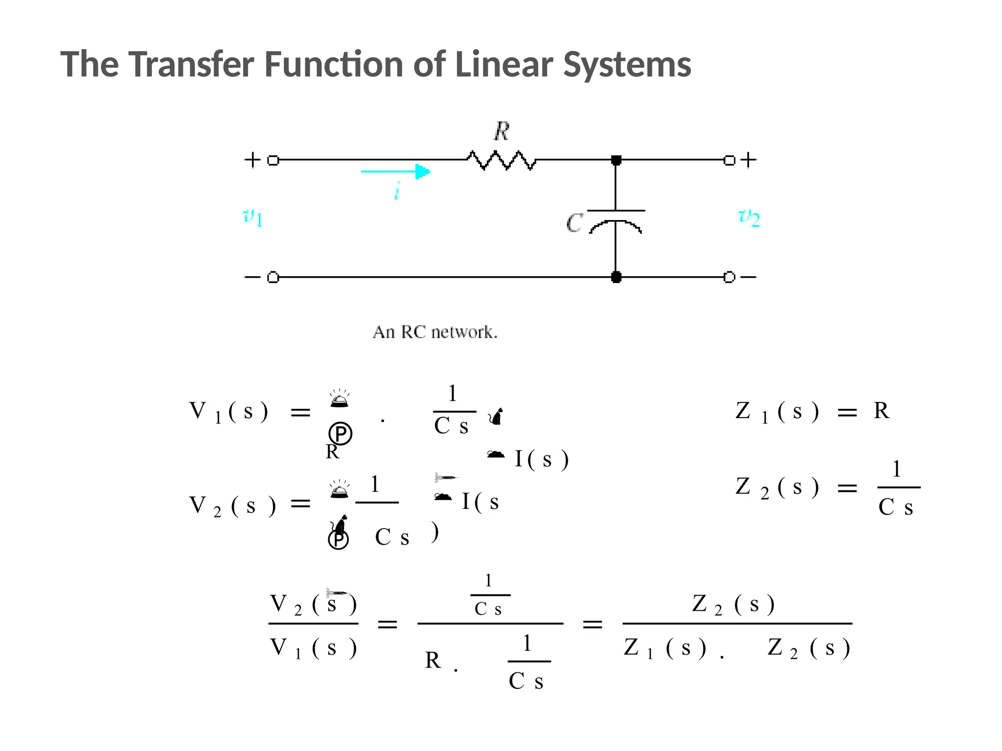 The Transfer Function of Linear Systems
1
V ( s ) 
R
1
C s




 I ( s )
1
Z ( s ) R
2
Z ( s )
1
C s
V 2 ( s )
1


 C s

 I ( s
)
V 2 ( s )
V 1 ( s )
1
C s
R 
1
C s
Z 2 ( s )
Z 1 ( s )  Z 2 ( s )
 