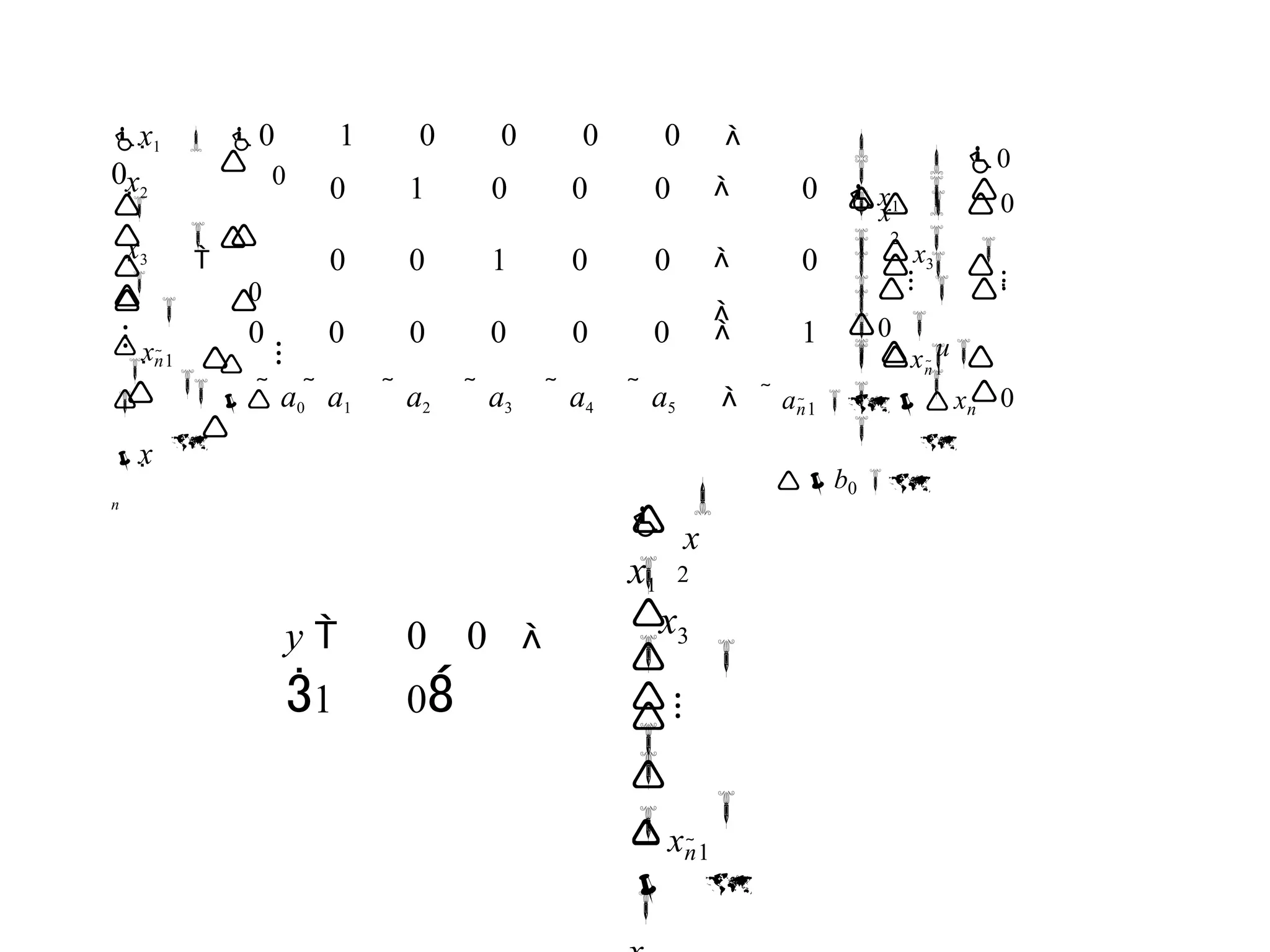 

  

  

  





x
2

x1
 an1 xn
b0 
x3 

0 
u
 0

 0

⁝  ⁝

xn1

0

 a0  a1  a2  a3  a4  a5 
0 0 0 0 0 0  1

x
n
xn1

x2

 0
0 1 0 0 0  0
x3


⁝



0
 ⁝
0 0 1 0 0 

0
x1  0 1 0 0 0 0 
0

  

 

 

y 
1








x

 x





3
2

x1
⁝

xn1

0 0 
0
 