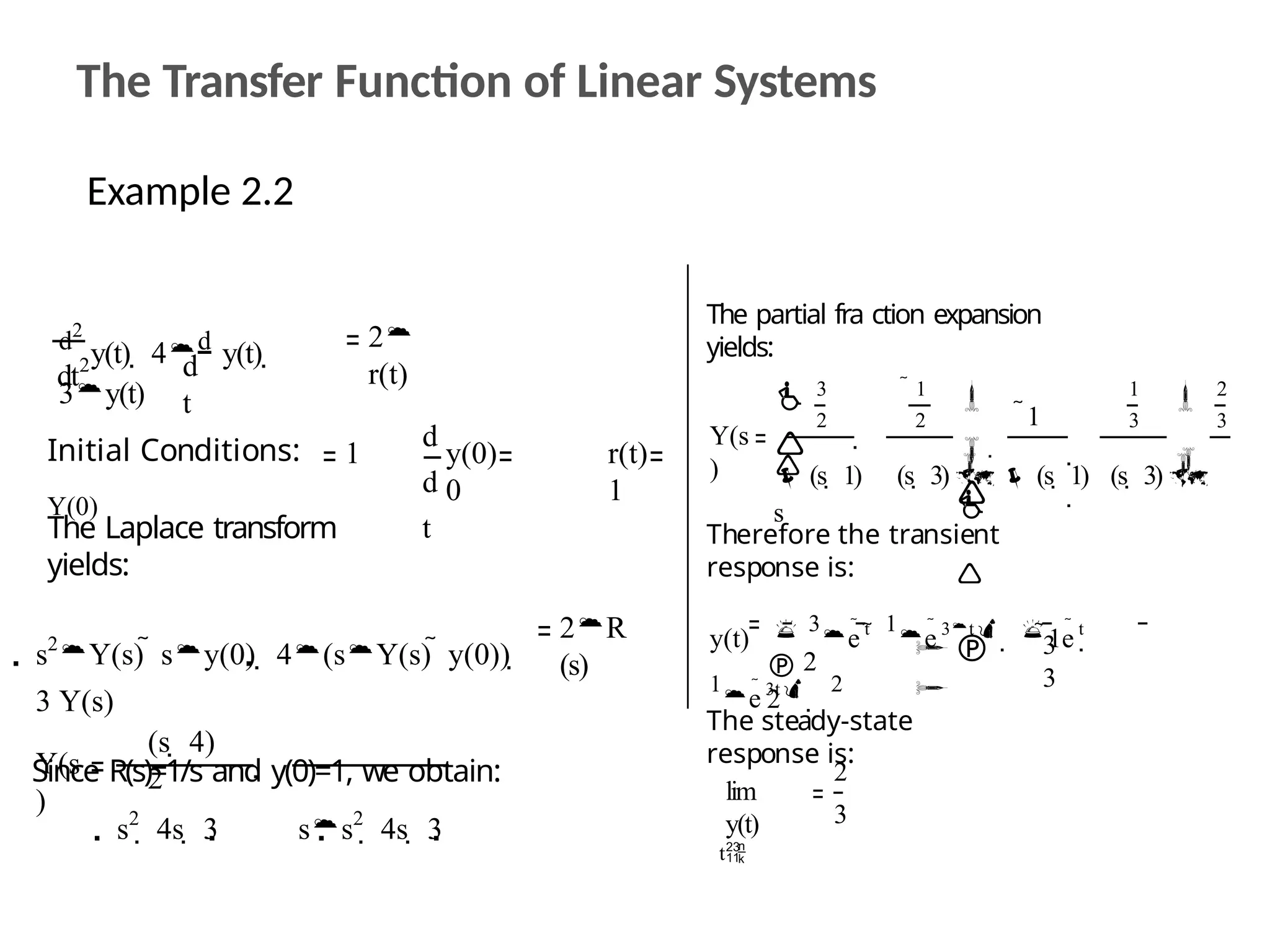 The Transfer Function of Linear Systems
Example 2.2
dt2 d
t
d2
y(t)  4d
y(t) 
3y(t)
2
r(t)
Initial Conditions:
Y(0)
1
d
d
t
y(0)
0
r(t)
1
The Laplace transform
yields:
s2
Y(s)  sy(0)  4(sY(s)  y(0)) 
3 Y(s)
Since R(s)=1/s and y(0)=1, we obtain:
2R
(s)
Y(s
)
(s  4)
2
s2
 4s  3 ss2
 4s  3

The partial fra ction expansion
yields:
Y(s
)
3
2
 1
2




1
1
3






 

2
3
 (s  1) (s  3)   (s  1) (s  3) 
s
 

Therefore the transient
response is:
 2
2
 

3
3
y(t)  3
e t

1
e 3t  1e t

1
e 3t 
2
The steady-state
response is:
lim
y(t)
t
2
3
 