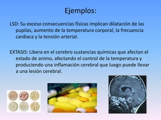 Ejemplos:LSD: Su exceso consecuencias físicas implican dilatación de las pupilas, aumento de la temperatura corporal, la frecuencia cardiaca y la tensión arterial.EXTASIS: Libera en el cerebro sustancias químicas que afectan el estado de animo, afectando el control de la temperatura y produciendo una inflamación cerebral que luego puede llevar a una lesión cerebral.