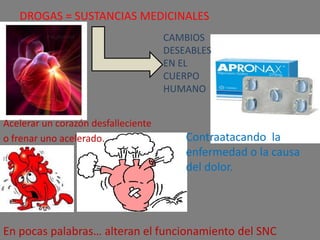 ANESTESICOS = BORRAN DOLOR QUE CAUSA EL BISTURI. Estas drogas del sistema nervioso central, mal usadas e incluso bien usadas, puede convertirse en un veneno mortal.hasta las medicinas mas beneficiosas tienen efectos adversos. TRANQULIZADORES = CALMAN ANGUSTIAS.Lo mejor que podemos decir de cualquier medicina, es que sus buenos efectos compensan los malos.  