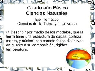 Cuarto año Básico
            Ciencias Naturales
                Eje Temático
      Ciencias de la Tierra y el Universo

➢1 Describir por medio de los modelos, que la
tierra tiene una estructura de capas (corteza,
manto, y núcleo) con característica distintivas
en cuanto a su composición, rigidez
temperatura.
 