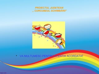 PROIECTUL JUDETEAN
,, CURCUBEUL SCHIMBĂRII”

•

VA MULTUMESC PENTRU ATENTIA ACORDATA!

 
